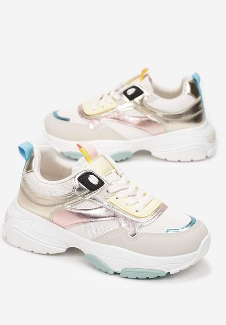 Biało-Złote Sneakersy z Metalicznymi Wstawkami na Grubej Podeszwie Tahara
