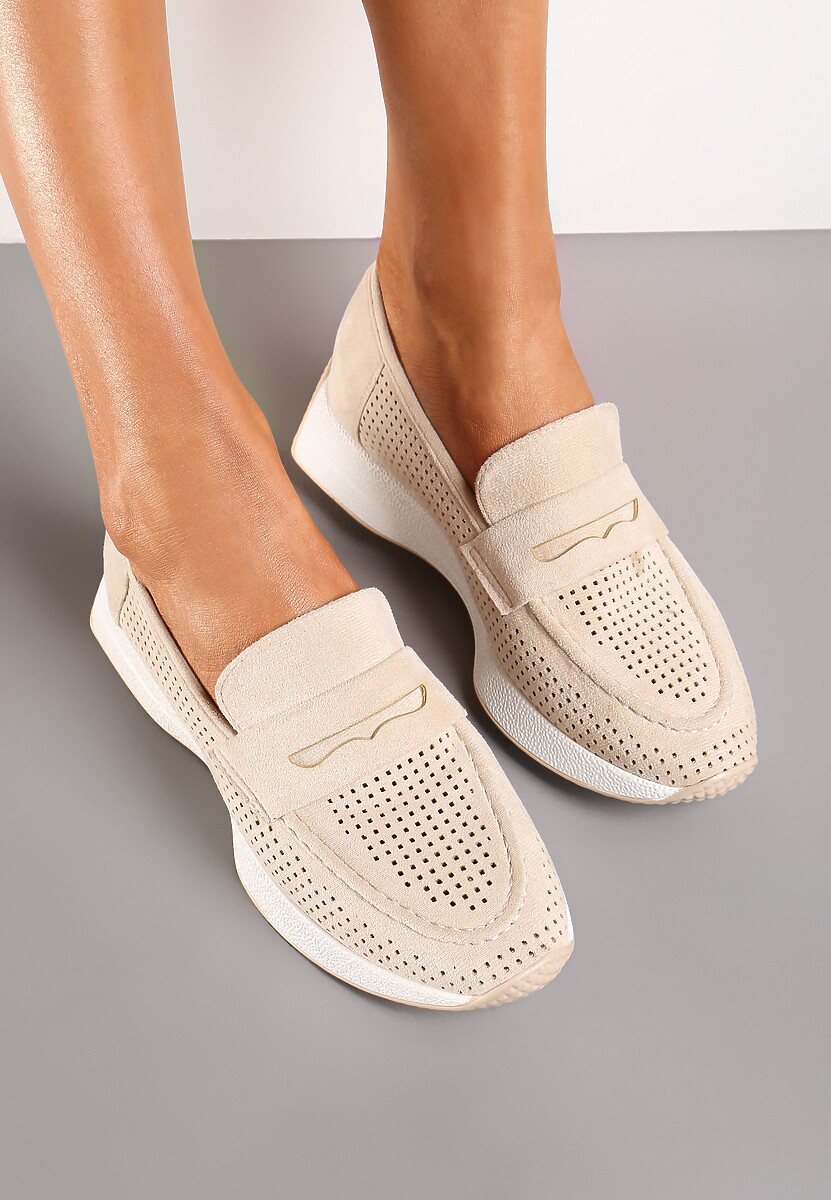 Beżowe Półbuty Ozdobione Perforacją na Grubej Podeszwie Liraleisa