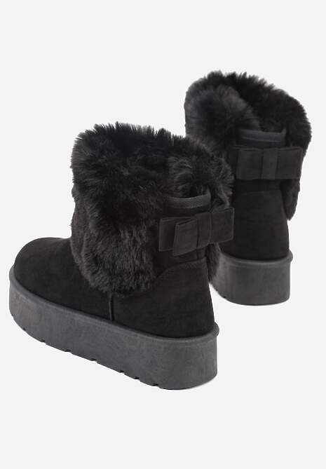 Czarne Śniegowce z Cholewką za Kostkę Ocieplane z Futerkiem i Małą Kokardą Reinedia