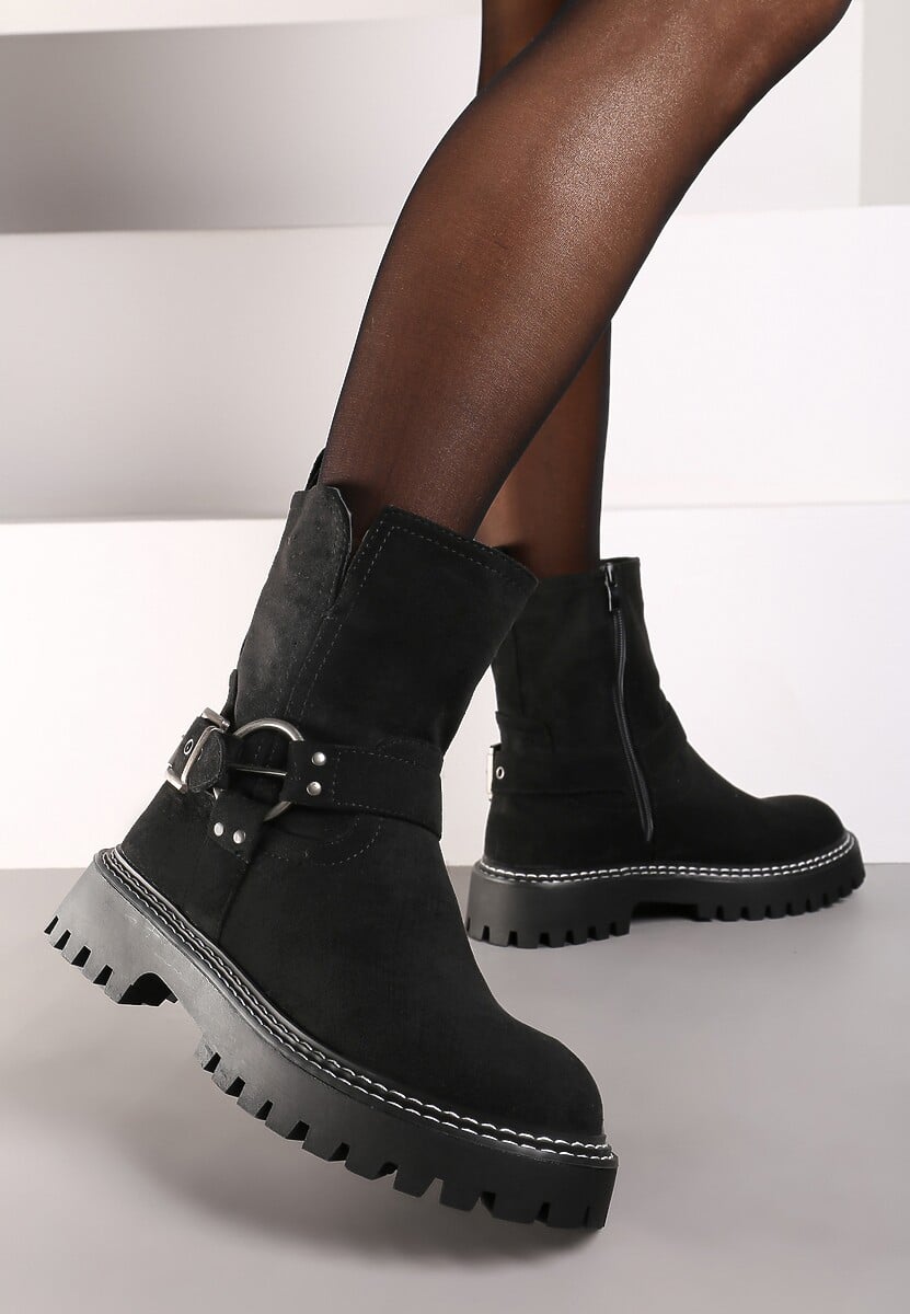 Czarne Płaskie Botki w Stylu Biker Ozdobione Klamrami i Paskami Terinene
