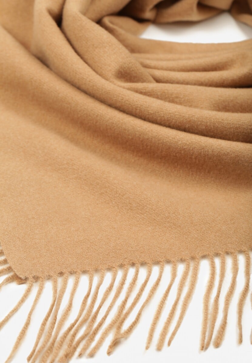 Brązowy Bawełniano-Wiskozowy Szalik w Kształcie Trójkąta z Frędzlami Vetisara