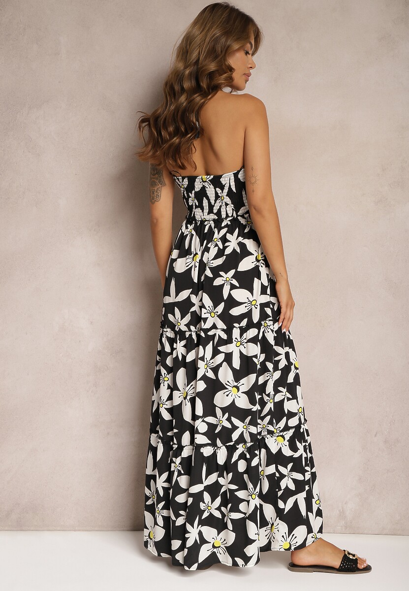 Czarno-Biała Sukienka z Kopertowym Dekoltem i Gumką w Talii Wiązana na Szyi Vikillaia