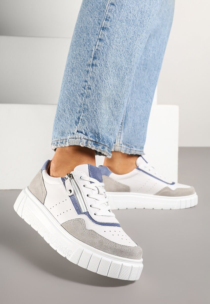 Beżowe Sneakersy z Naturalnej Skóry na Grubej Podeszwie z Suwakiem Soravelle