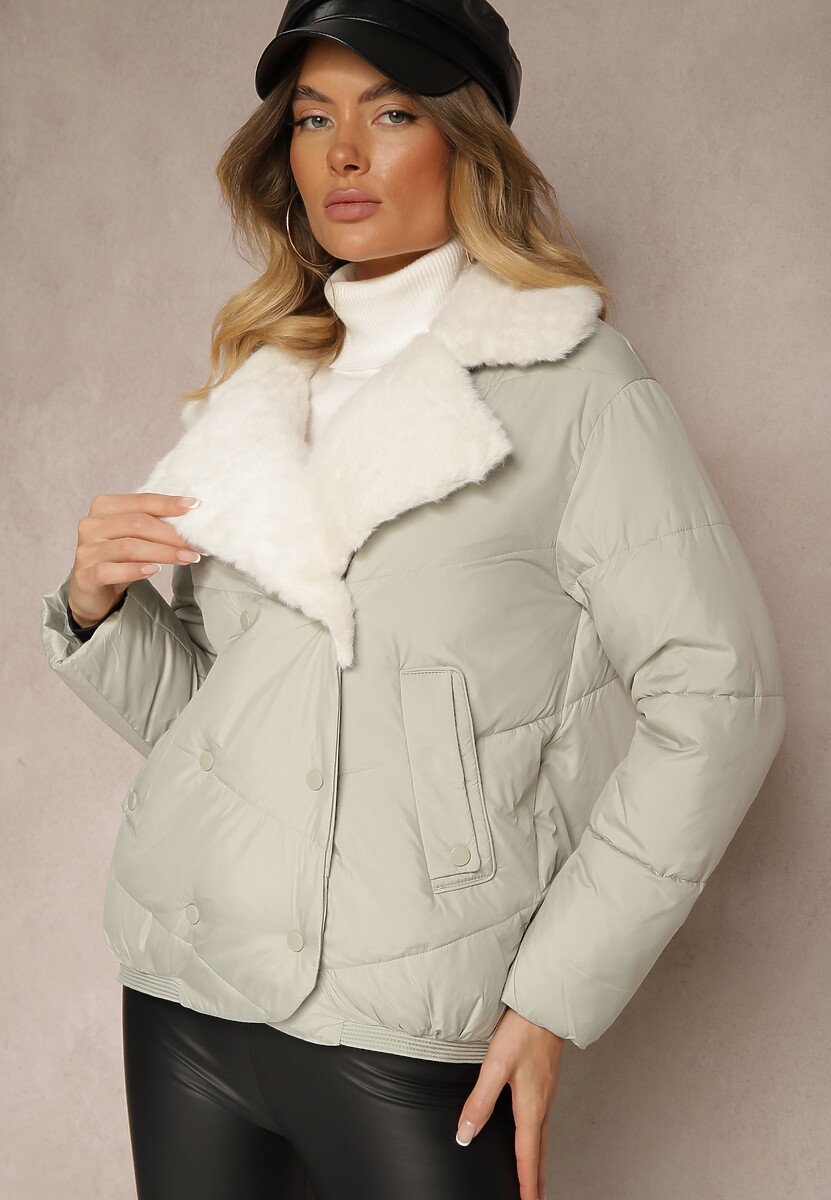 Czarna Kurtka Ozdobiona Pikowaniem Kołnierzem z Futerkiem i Napami Deolina