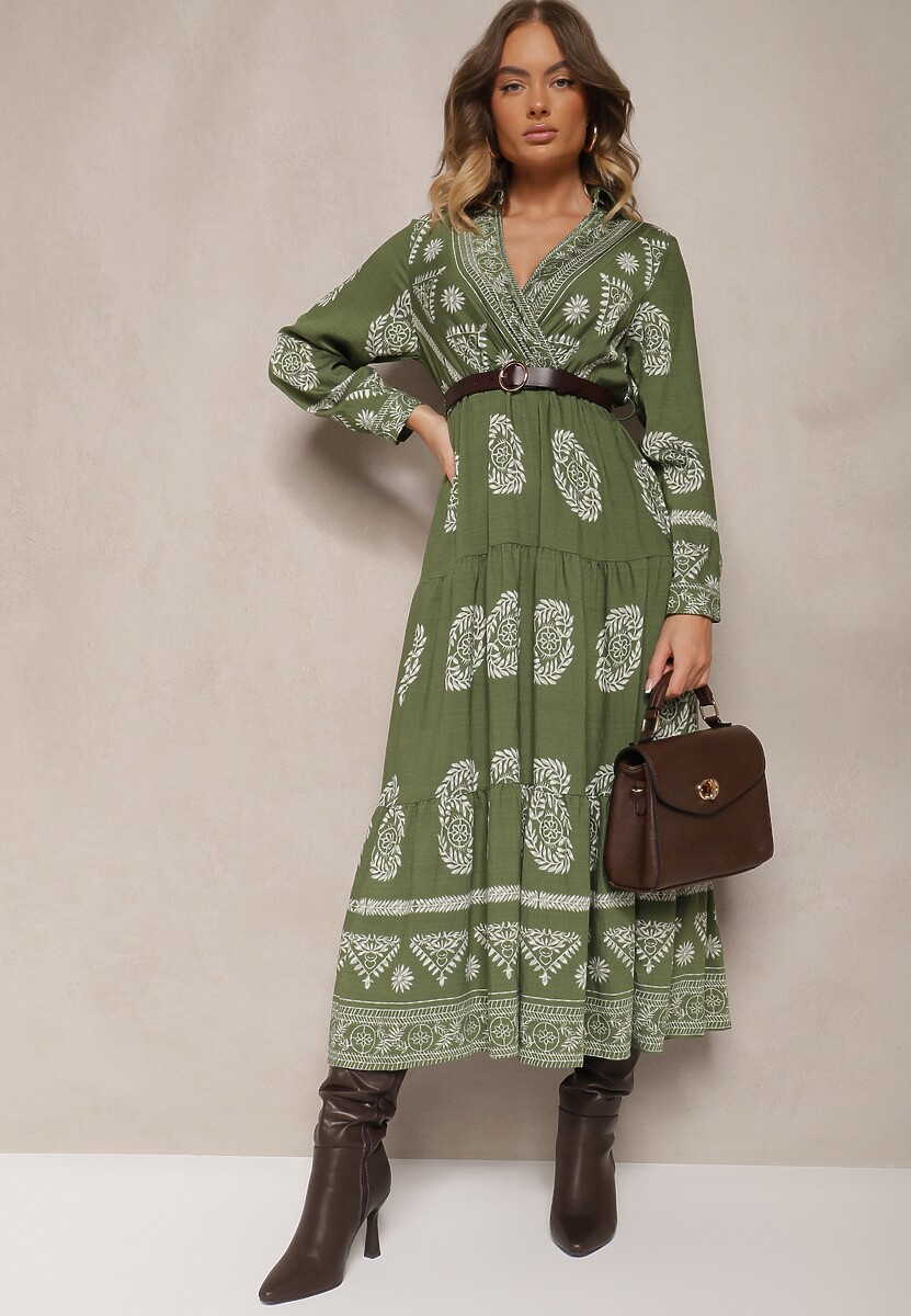 Zielona Sukienka z Wiskozą i Kopertowym Dekoltem Mirilaine