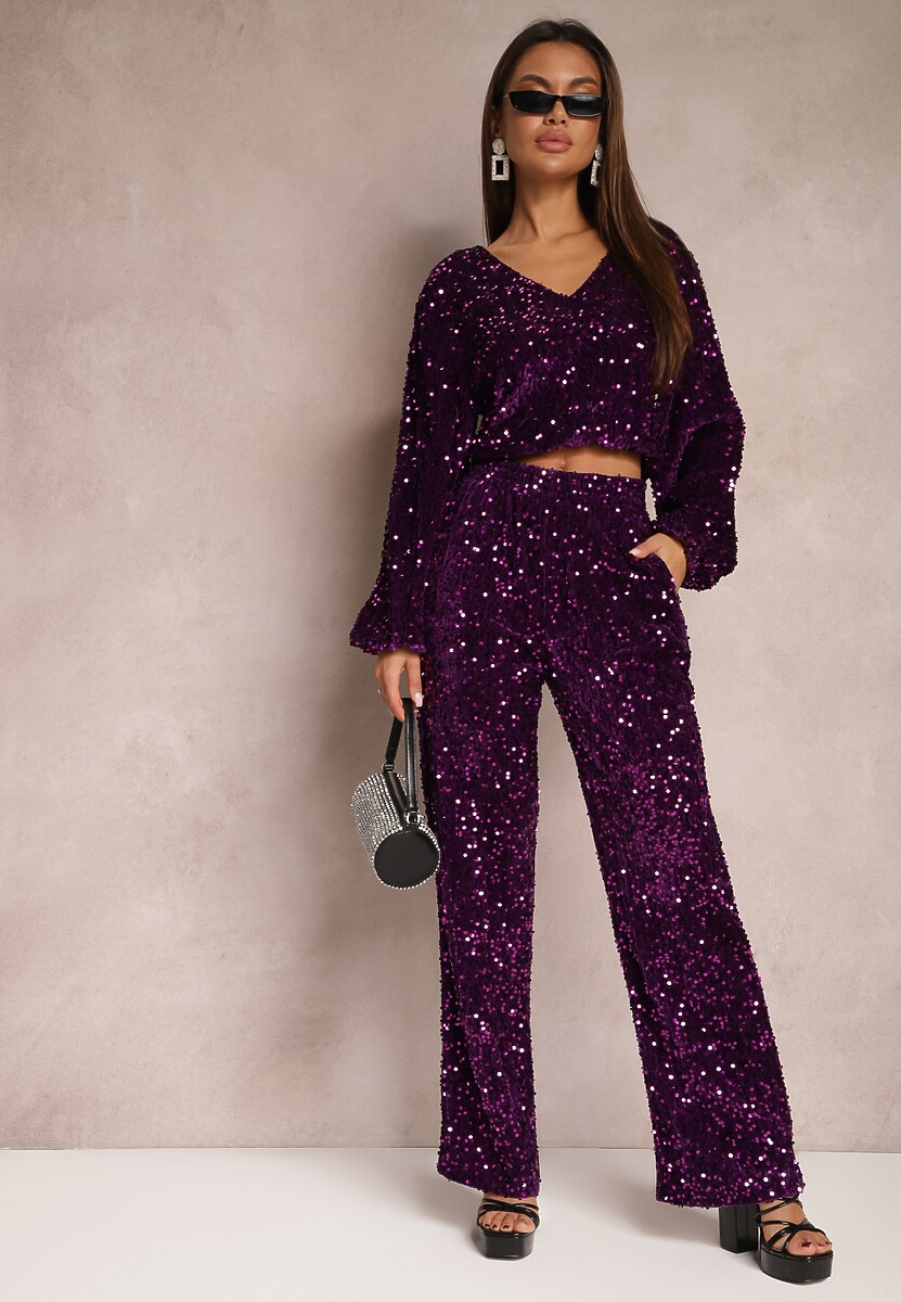 Fioletowe Szerokie Spodnie w Cekiny z Welurowej Tkaniny Naress