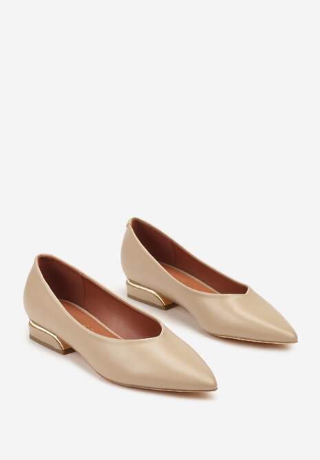 Beżowe Czółenka Vices ze Skórzaną Wkładką na Niskim Obcasie ze Zdobieniem Dakene