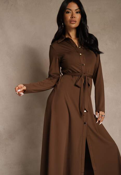 Brązowa Długa Sukienka Koszulowa z Wiązaniem w Talii Levae