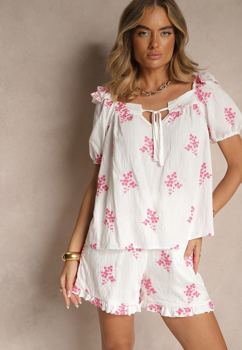 Fuksjowa Bluzka z Wiskozą Wiązaniem przy Dekolcie i Haftami Nilamessa