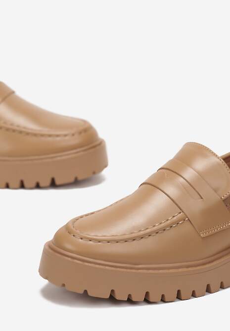 Ciemnobeżowe Mokasyny na Grubej Podeszwie z Przeszyciami Torindela