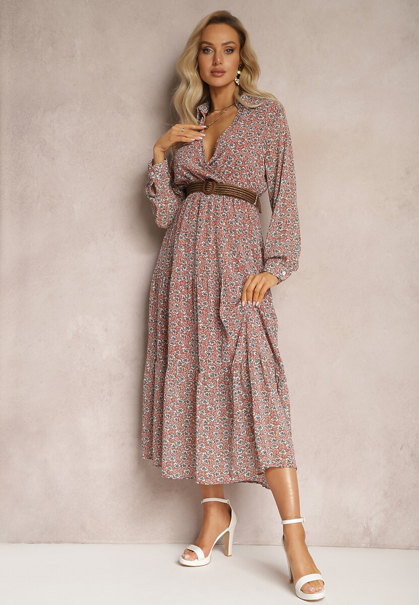 Różowa Sukienka Rozkloszowana w Kwiaty z Paskiem Rakhila