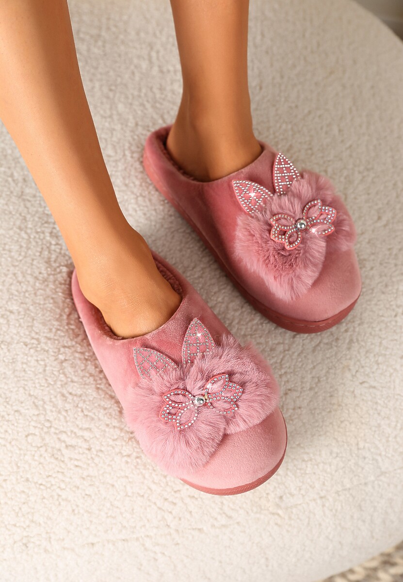 Ciemnoróżowe Kapcie na Płaskiej Podeszwie z Cyrkoniami i Futerkiem Dezilie