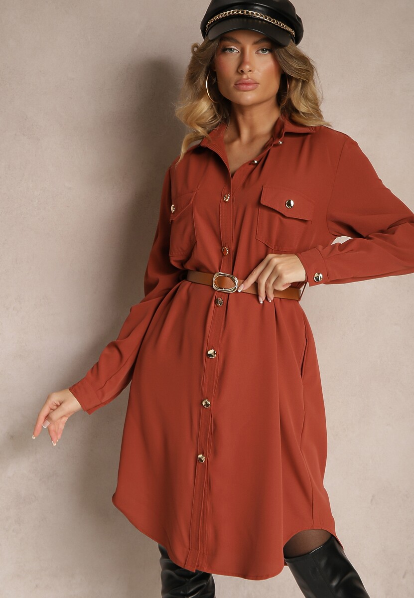 Brązowa Koszulowa Sukienka Ozdobiona Paskiem i Rękawem z Regulacją Esaviona