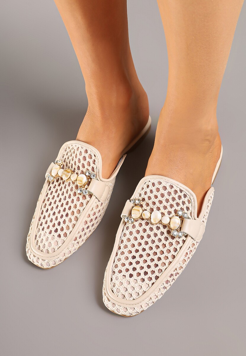 Beżowe Klapki Mule z Siateczkową Cholewką Ozdobione Cyrkoniami i Klamrą Nimivina