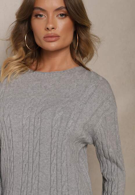 Szary Sweter z Bawełną Wiskozą i Ozdobnym Splotem Viacelia