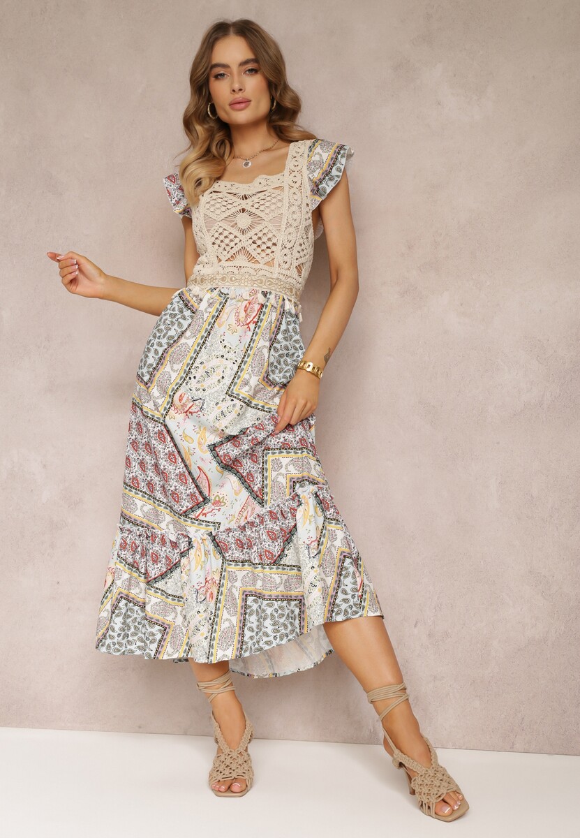 Niebiesko-Beżowa Bawełniana Sukienka z Szydełkową Wstawką i Wzorem Paisley Rynlia