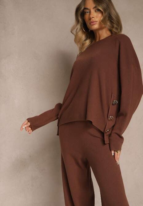 Brązowy Komplet z Dzianiny z Wiskozą Spodnie Wide Leg i Sweter ze Zdobieniami Miomea