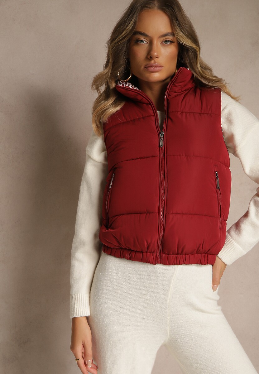 Brązowa Kamizelka Ozdobiona Pikowaniem i Wzorzystą Podszewką w Meander Olerea