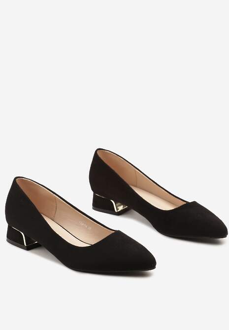 Czarne Czółenka na Słupku Ozdobione Metaliczną Ozdobą Panesha