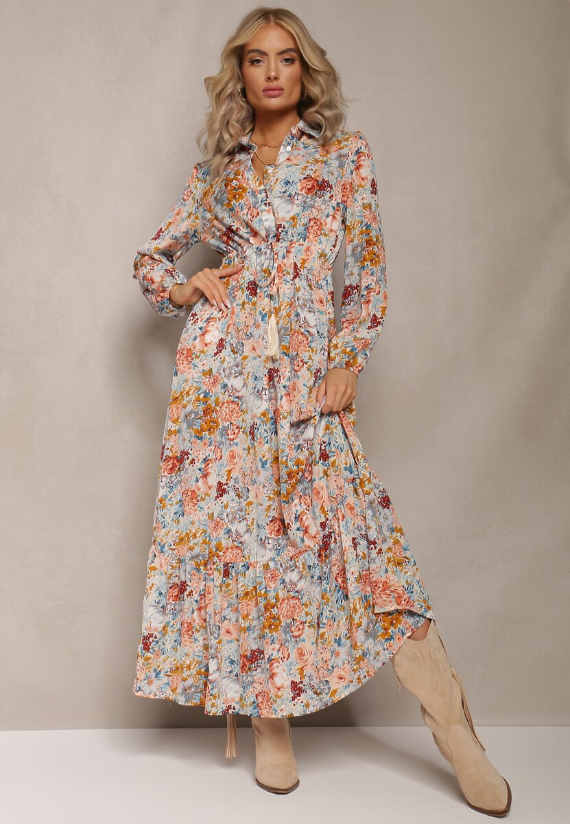 Jasnoniebieska Sukienka Rozkloszowana w Kwiaty Rotu