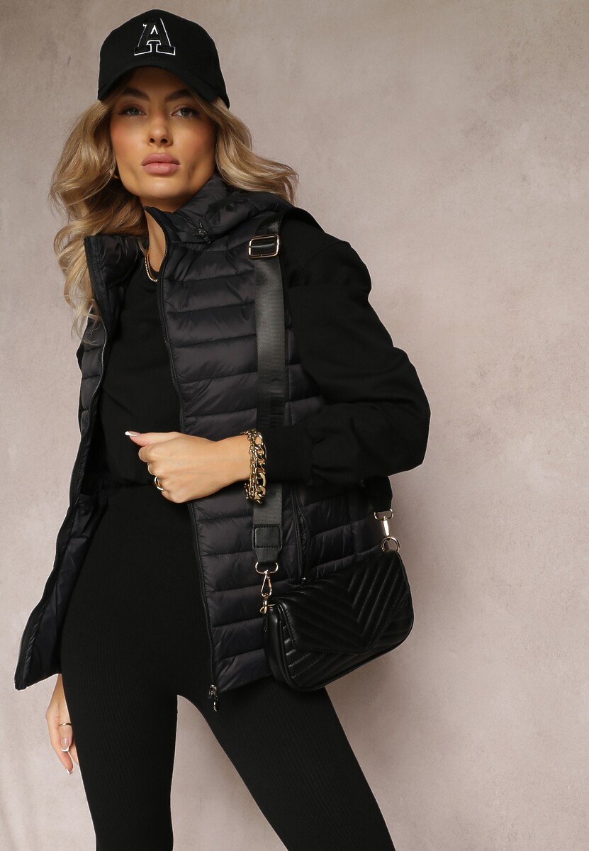 Czarna Klasyczna Kamizelka z Pikowaniem i Kapturem oraz Kieszeniami na Suwaki Nuvleca