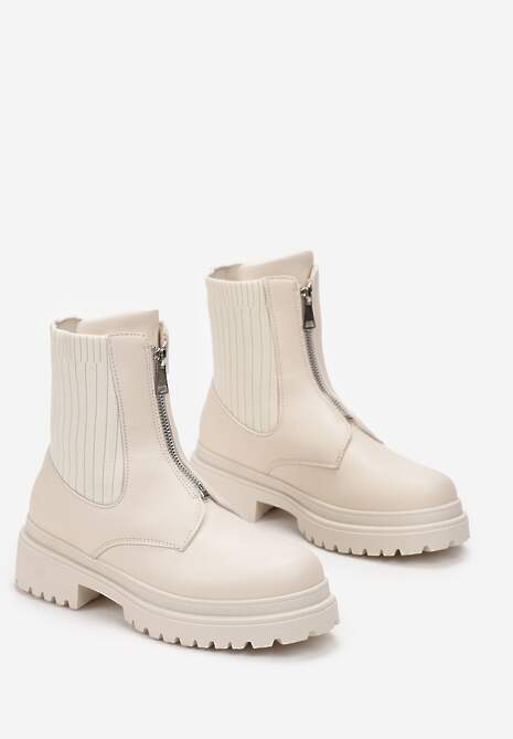 Jasnobeżowe Botki Workery z Suwakiem z Przodu i Dzianinową Cholewką Jakise
