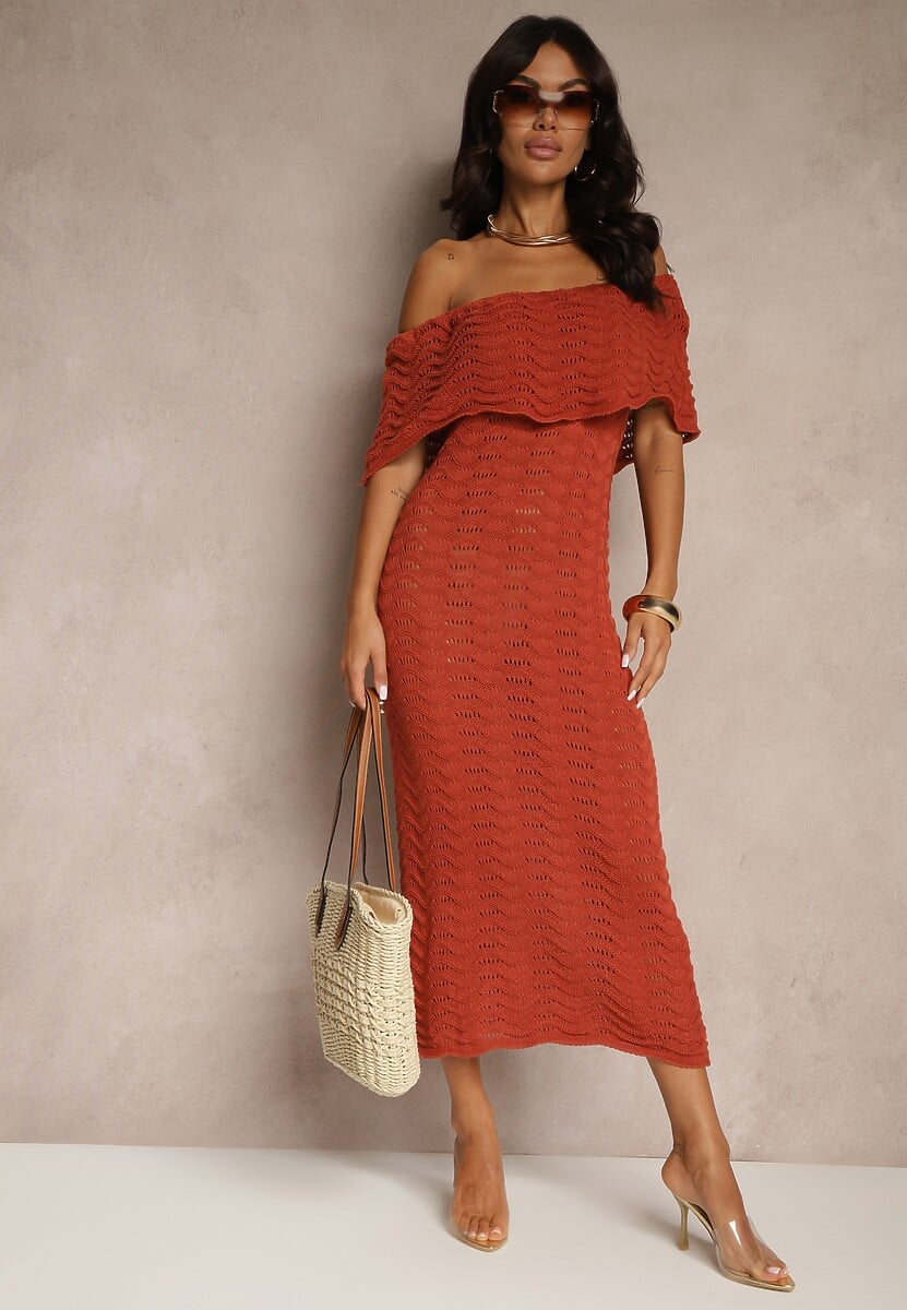 Pomarańczowa Sukienka Hiszpanka z Ażurowej Tkaniny z Ozdobnym Dekoltem Filadella