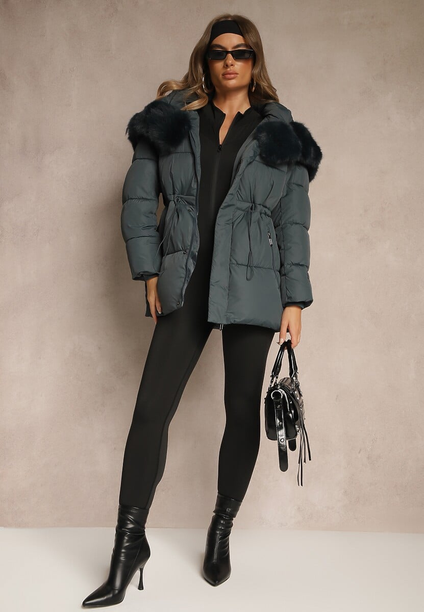 Ciemnozielona Pikowana Kurtka z Szerokim Kapturem z Futrem Galiessa
