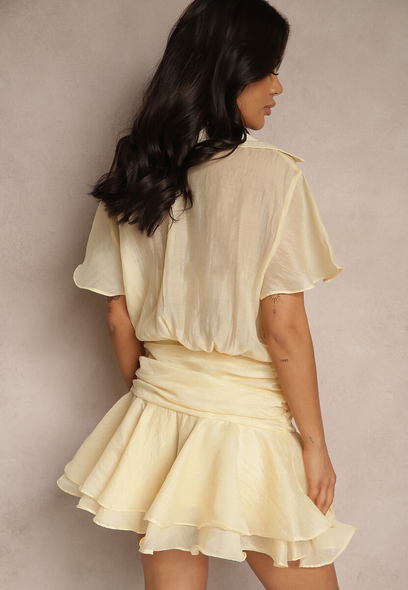 Żółta Sukienka o Koszulowym Kroju z Krótkim Rękawem Zdobiona Falbankami Mirenora