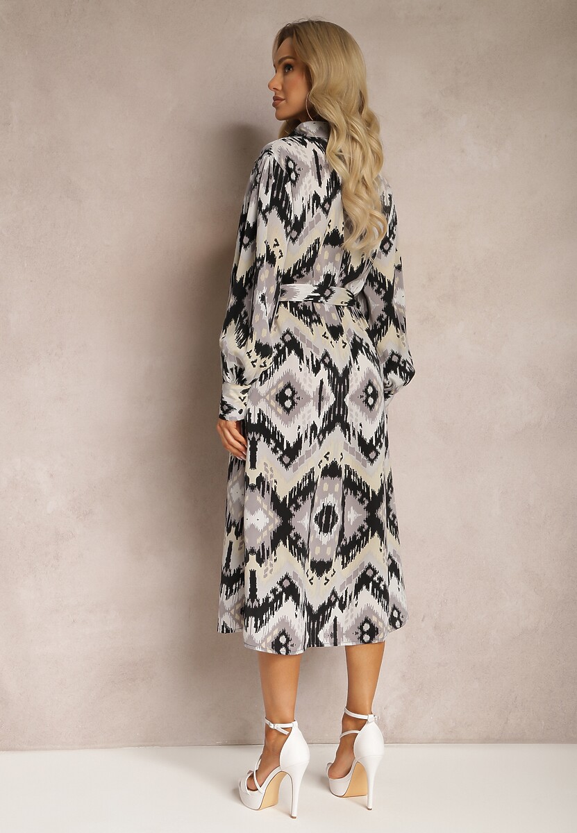 Czarno-Szara Sukienka Midi o Koszulowym Fasonie Ozdobionym Wzorem w Stylu Etno Thailven