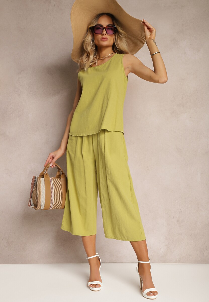 Jasnozielony 2-Częściowy Komplet z Bawełny Luźny Top i Szerokie Spodnie Nezara