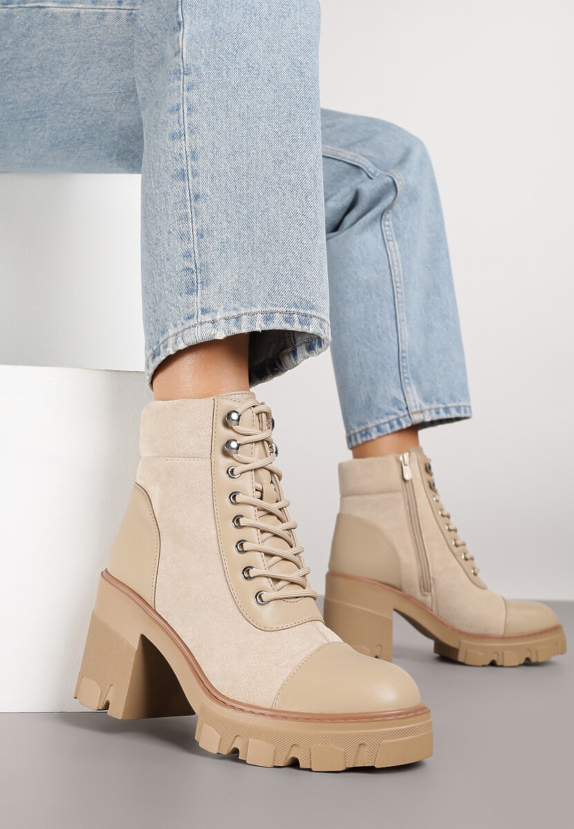 Beżowe Botki na Obcasie z Platformą Ozdobione Wstawkami Ezilda