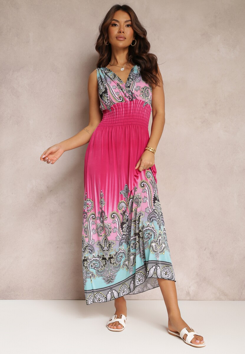 Ciemnoróżowa Rozkloszowana Sukienka z Gumką w Talii i Sznurkami na Ramiączkach Railia