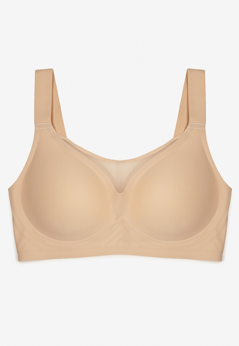 Beżowy Biustonosz na Szerokich Ramiączkach Zdobiony Siateczkową Wstawką Salineva