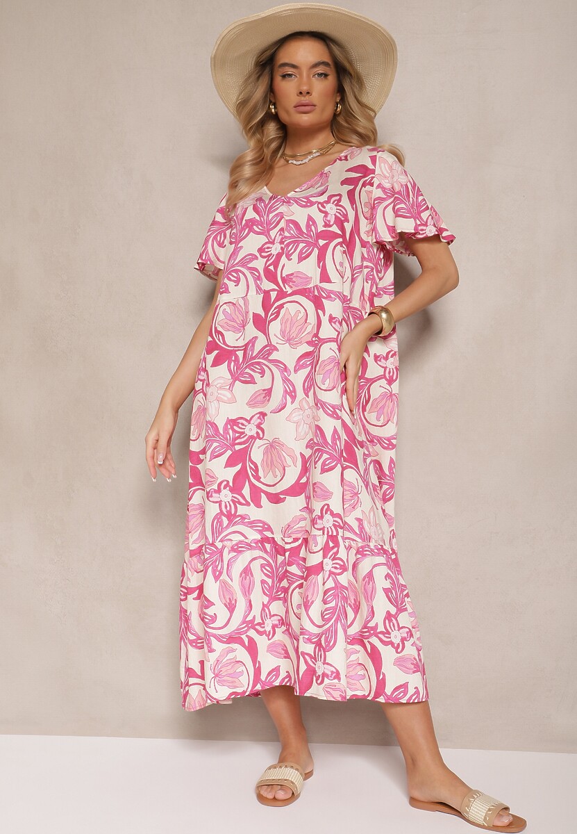 Różowa Sukienka Wiskozowa o Pudełkowym Kroju w Kwiatowy Print Ranisla