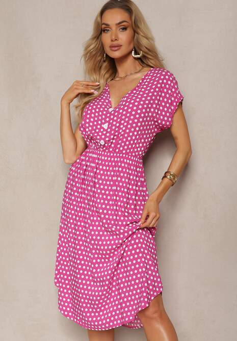 Różowa Sukienka z Bawełny o Rozkloszowanym Kroju z Gumką w Talii Emilla