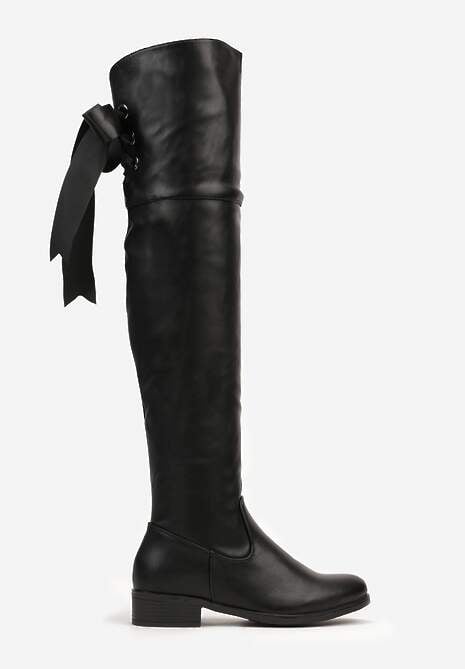 Czarne Dopasowane Kozaki Typu Muszkieterki z Długą Cholewką i Wiązanym Detalem Hanione