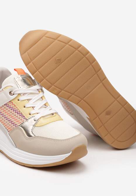 Beżowo-Pomarańczowe Sneakersy z Niskim Koturnem i Ozdobnymi Wstawkami Ysabeltia