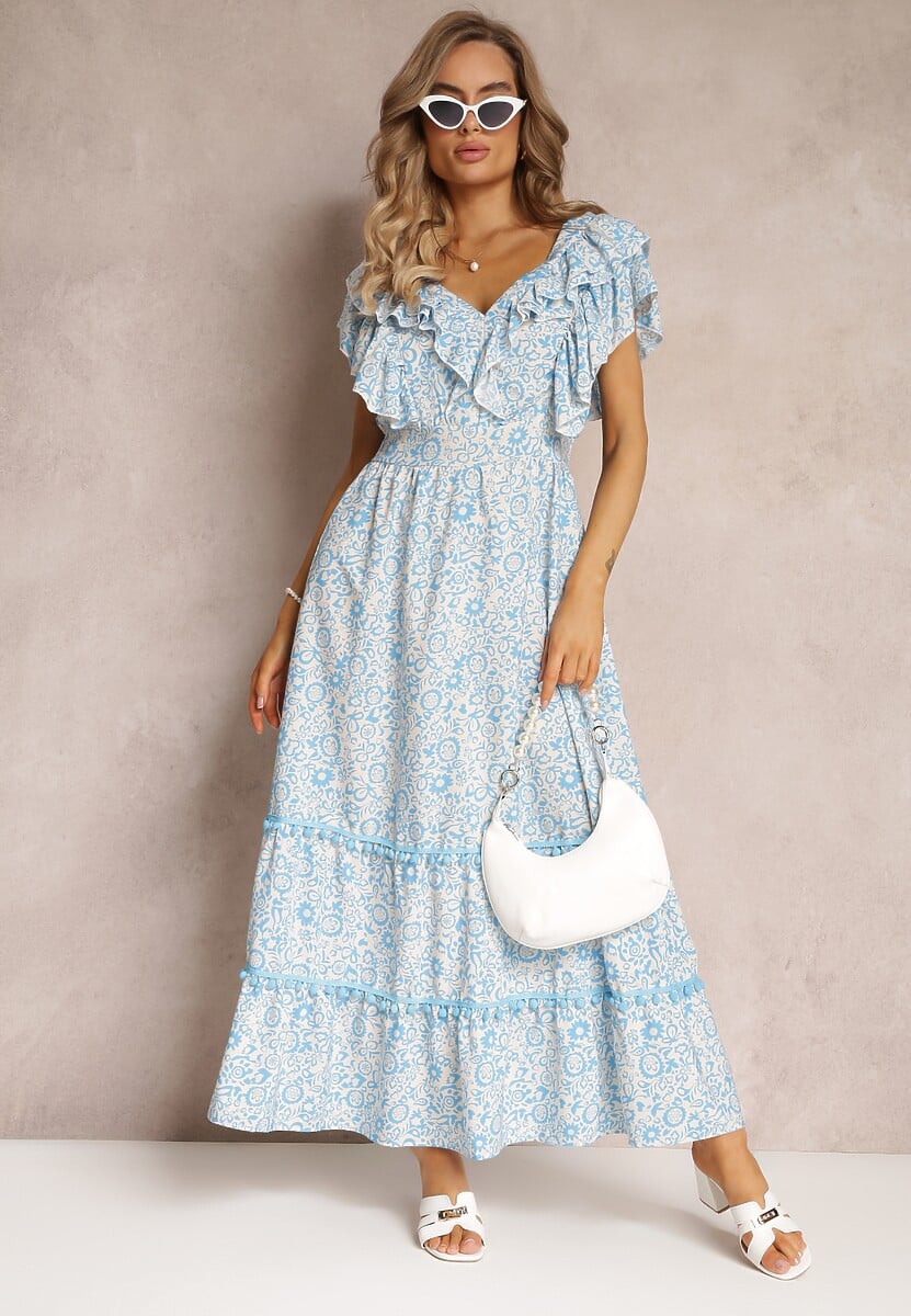 Czarno-Biała Wiskozowa Sukienka Maxi z Falbanką przy Dekolcie i Gumką w Pasie Lamimore