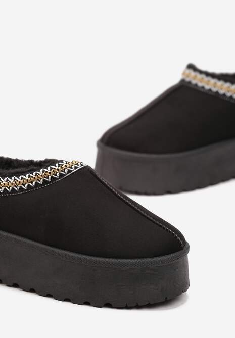 Czarne Śniegowce z Ekozamszu na Grubej Podeszwie z Ozdobną Lamówką Meliria