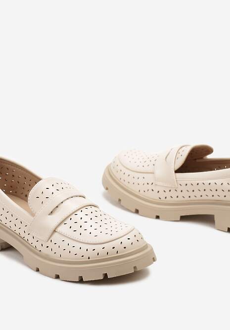 Beżowe Płaskie Mokasyny z Ekoskóry o Ażurowym Wykończeniu Cevora