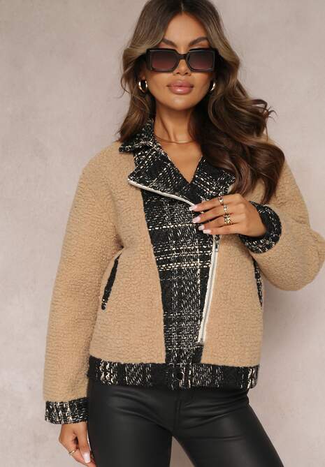 Beżowa Kurtka Oversize z Futerka Baranek Lesova