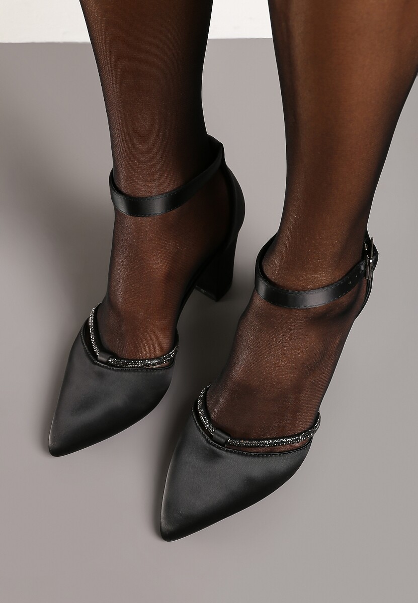 Czarne Satynowe Czółenka Vices ze Skórzaną Wkładką i Cyrkoniami Sarirra