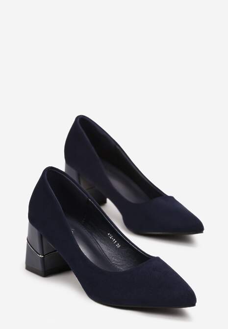 Niebieskie Czółenka z Ekozamszu na Słupku z Metaliczną Lamówką Amolna