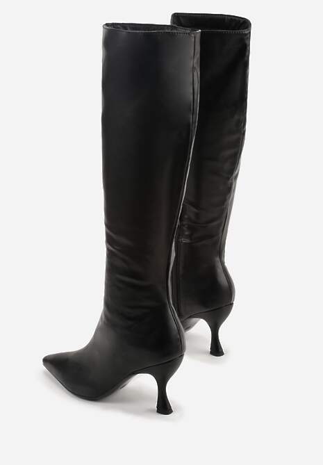 Czarne Marszczone Kozaki Vices na Obcasie Typu Kaczuszka Miomadia