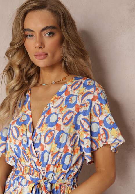 Niebieska Sukienka z Wiskozy i Kopertowym Dekoltem w Fantazyjny Print Abai