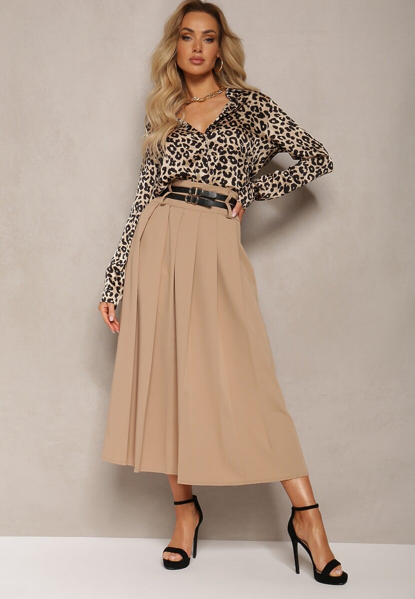 Beżowa Rozkloszowana Spódnica Plisowana z Dwoma Paskami z Klamrami  Jaleara