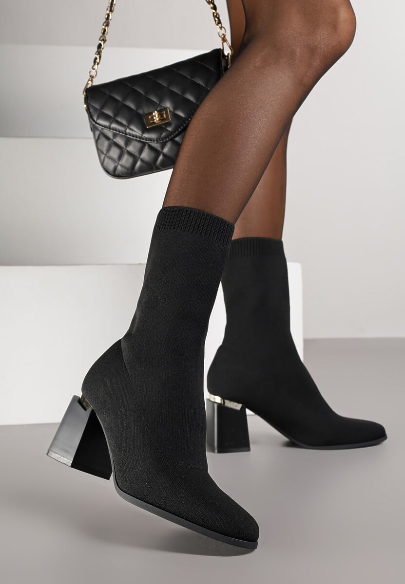 Czarne Skarpetkowe Botki VICES na Słupkowym Obcasie z Metaliczną Wstawką Anivita