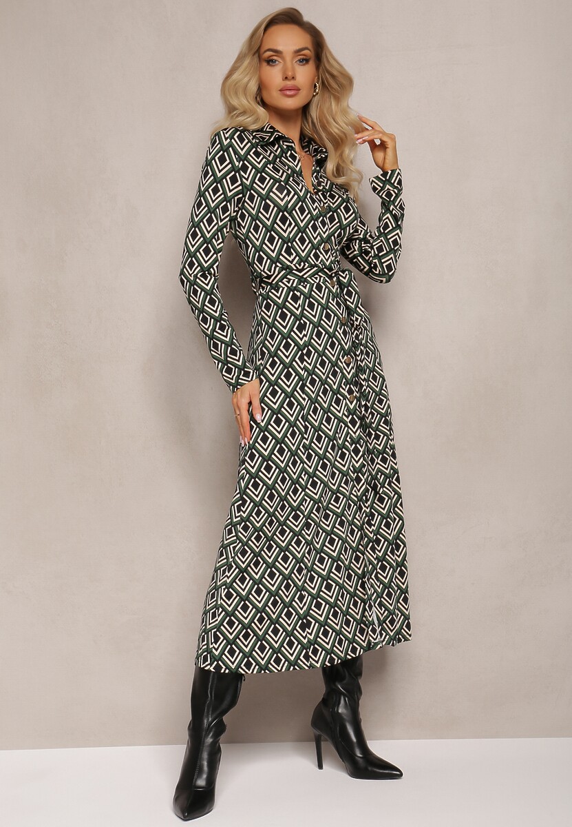 Zielona Koszulowa Sukienka Maxi w Geometryczny Wzór z Paskiem Oniufe