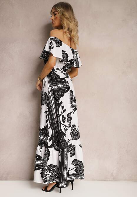 Czarno-Biała Hiszpanka Sukienka z Gumką w Talii i Materiałowym Paskiem z Falbankami Xoneri